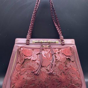 AUTHENTIC VALENTINO GARAVANI BURGUNDY LEATHER LARGE LACE TOTE DEMETRA BAG